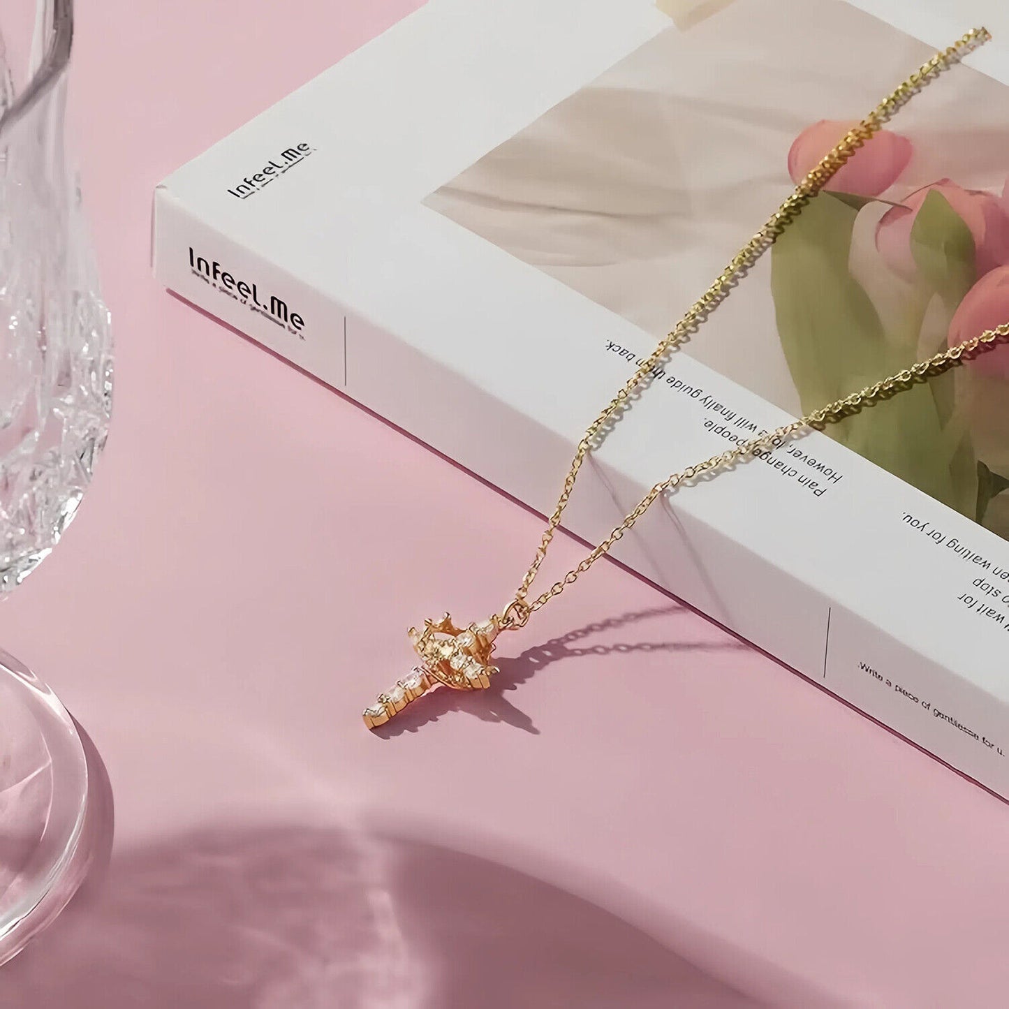 Faith Crown Cross Necklace for Women 14K Plated
